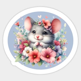 Cute Sweet Mouse Surrounded By Flowers Sticker